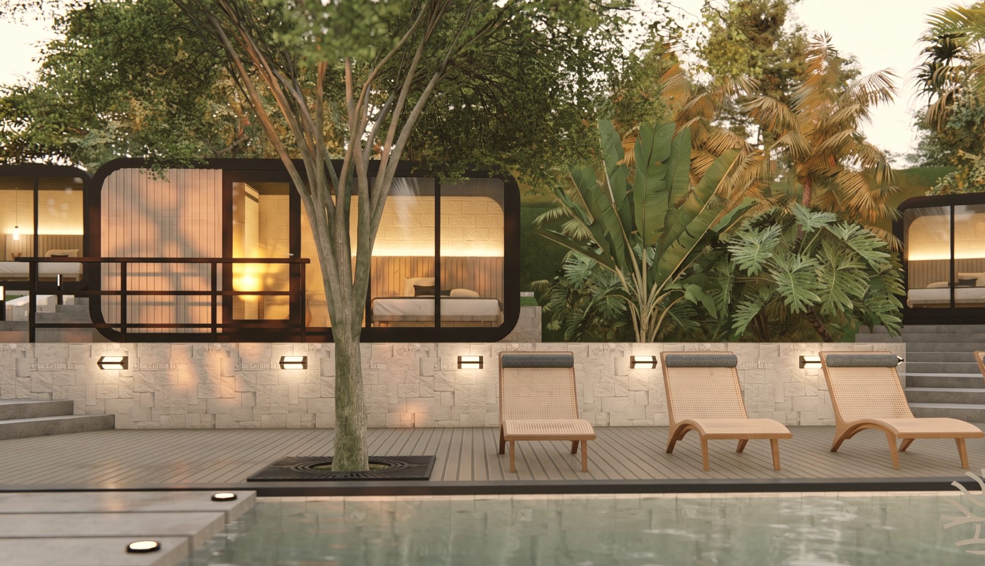 Pool deck at dusk
