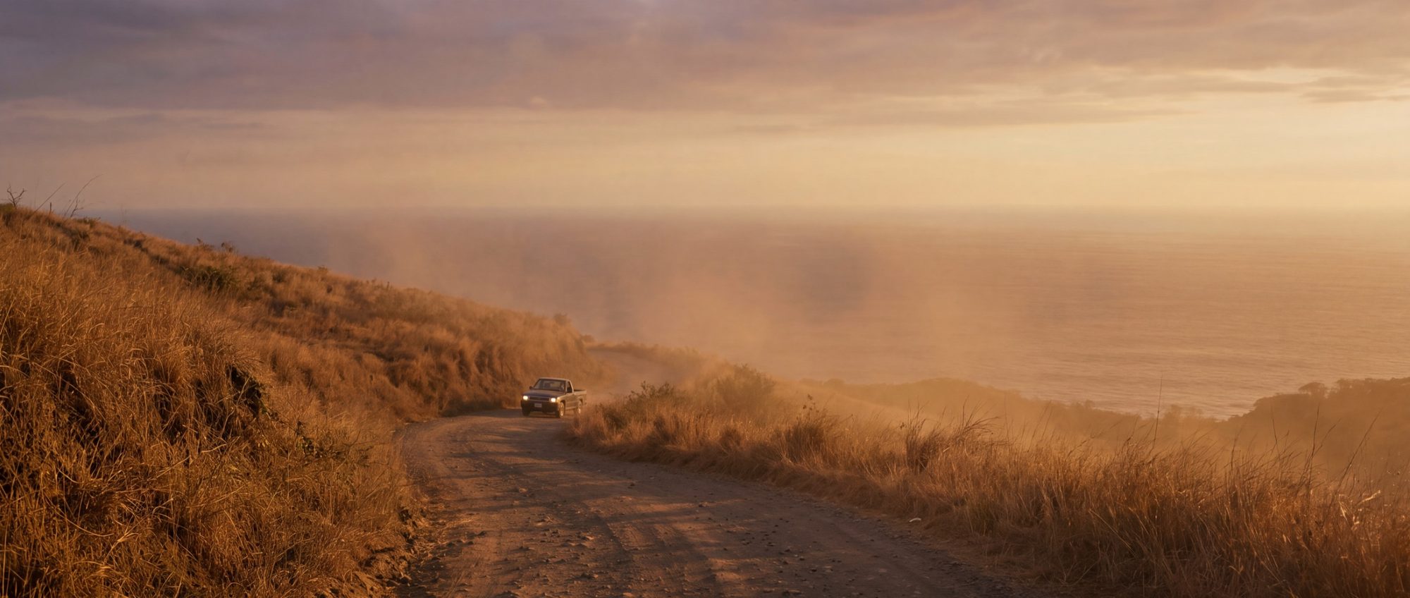Dirt road down to the coast at sunset